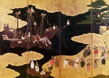 日本のポルトガル人の到着、屏風の左側部分の詳細、狩野派（漆）